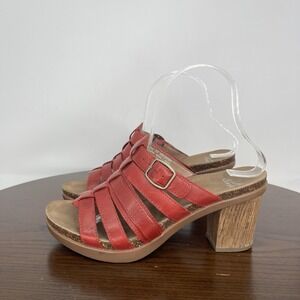 Dansko Dina Sandal Women's 37/ 6.5 Red Leather Strappy Buckle Slide Block Heel